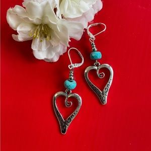 SALE.Hearts with Turquoise Earrings. Drop and Dangle. Silver Boho Style Earrings